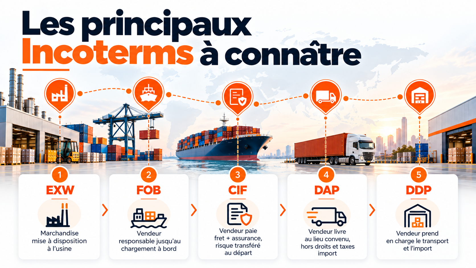 Schéma des principaux Incoterms EXW FOB CIF DAP et DDP de l’usine à la livraison