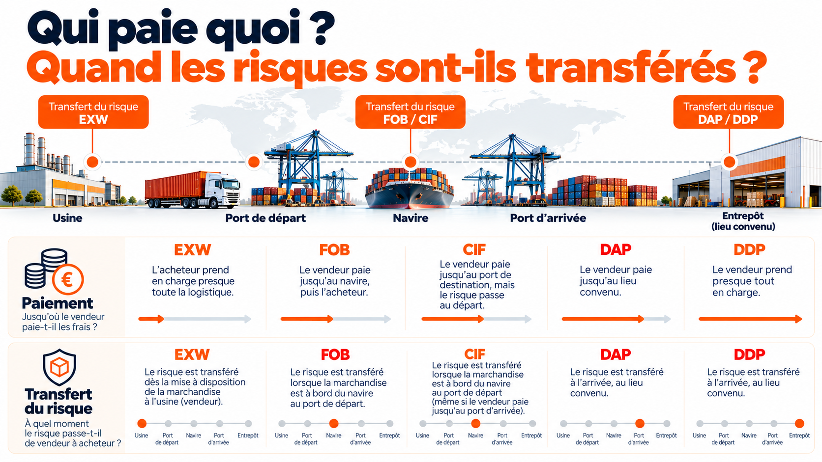 Répartition des coûts et transfert des risques selon les Incoterms EXW FOB CIF DAP et DDP