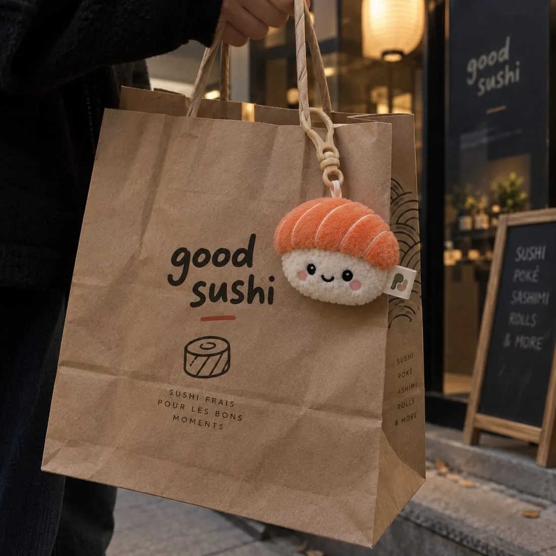 Sushi-Plüschtier an einer Tasche befestigt